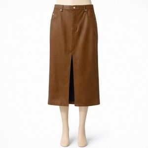 Pilcro Anthropologie Brown Faux Leather Midi Skirt Front Slit High Waist Size 14